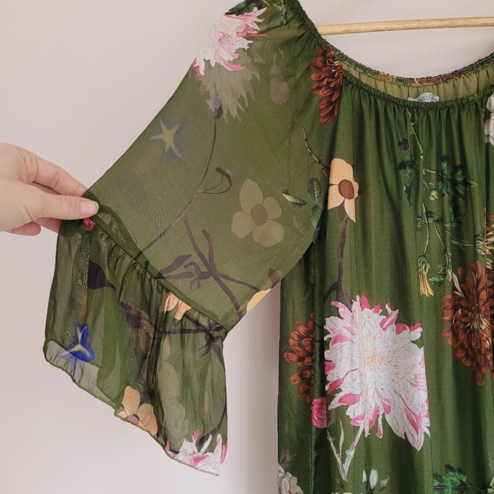 NEW ✨️ SILK Elena Baldi Midi Sheer Ruffled Floral Dress Sz M Made in Italy